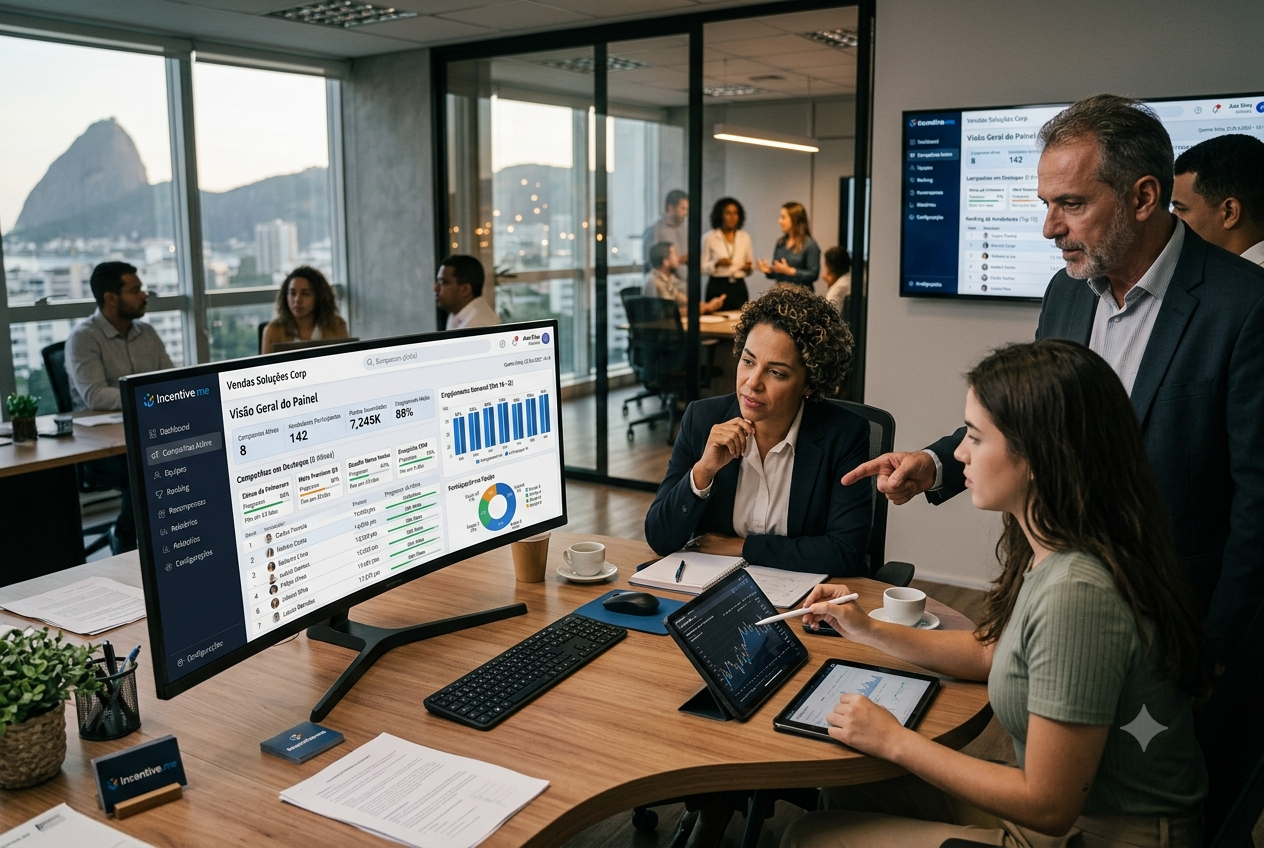 Gestora e diretor analisam dashboard da Incentive.me com equipe de trade marketing